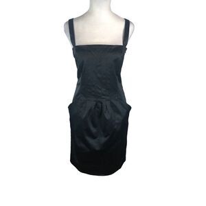 Margit Brandt Copenhagen Black Satin Cocktail Dress M Pencil Sheath Pockets Chic